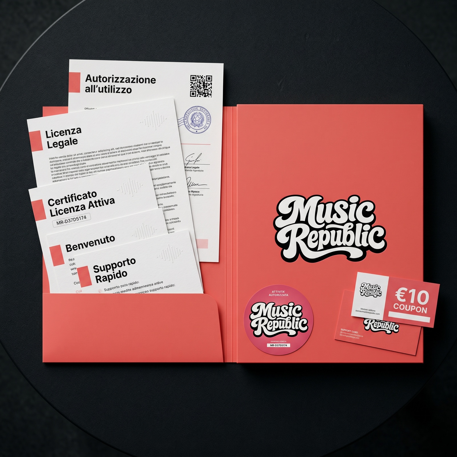 Welcome kit Music Republic: autorizzazione, licenza legale, certificato, adesivo e coupon €10